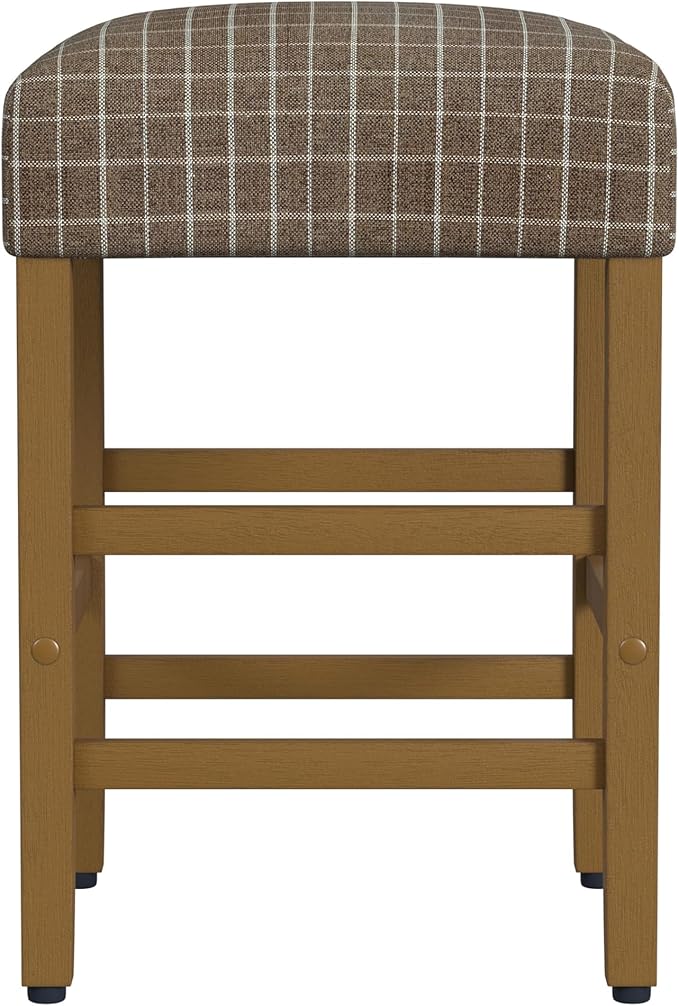 HomePop Home Decor |Classic Open-Back Counter Height Barstool| Square 24 Inch Bar Stools with Domed Cushion, Brown Window Pane Print
