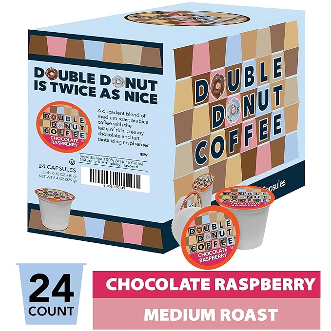 Double Donut Coffee Flavored Coffee Pods, Chocolate Raspberry Coffee, Single Serve Medium Roast Coffee for Keurig K Cups Brewers, 24 Count