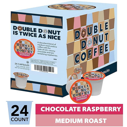 Double Donut Coffee Flavored Coffee Pods, Chocolate Raspberry Coffee, Single Serve Medium Roast Coffee for Keurig K Cups Brewers, 24 Count