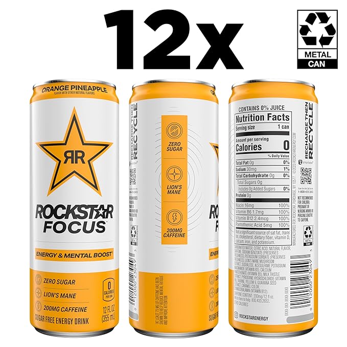 Rockstar Focus, Orange Pineapple, 12 Fl Oz Cans (Pack of 12)
