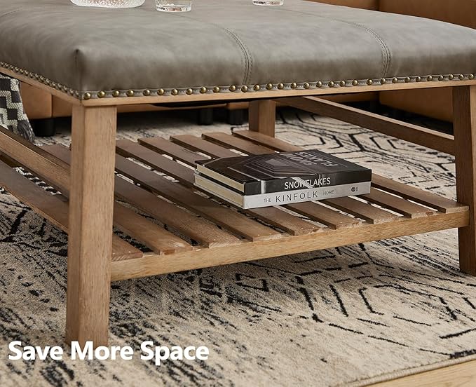 Kmax 32-Inch Grey Faux Leather Coffee Table Large Square Ottoman Foot Rest Stool Upholstered Coffee Table with Wooden Shelf Storage for Living Room Office