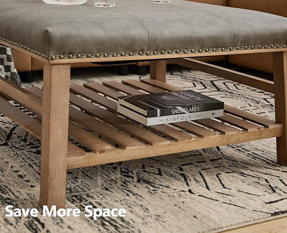 Kmax 32-Inch Grey Faux Leather Coffee Table Large Square Ottoman Foot Rest Stool Upholstered Coffee Table with Wooden Shelf Storage for Living Room Office