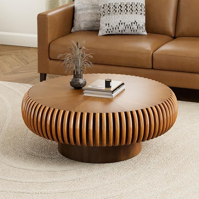 Round Fluted Coffee Table Modern Handcraft Drum Coffee Table with Sturdy Pedestal 31.5" Farmhouse Center Table Tea Table for Living Room, Reception Room, Entertainment Room (Brown 31.5 inch)