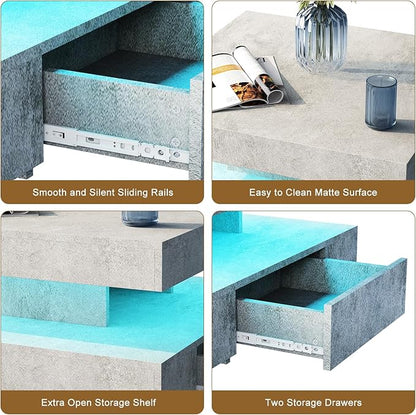 Grey LED Coffee Table with 2 Storage Drawers for Living Room Square Center Middle Table Modern Cocktail Table with Light 2-Tier Tea Tables Contemporary Mid Century Wood Home Office Waiting Room