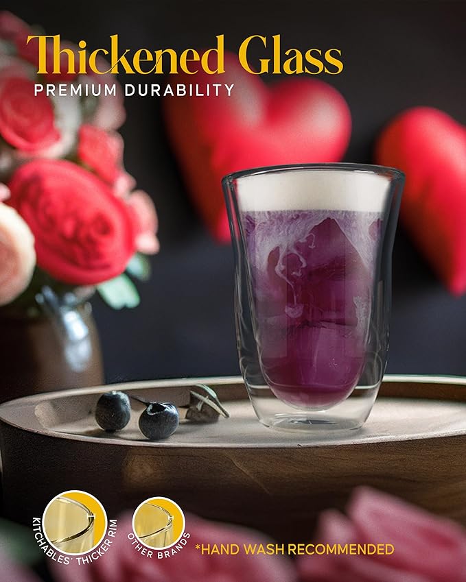 Kitchables Double Walled Glass Coffee Mugs Set of 4, 7.5oz - Insulated Clear Coffee Mug for Cappuccino, Latte, Tea, Espresso - Latte cup - Tazas Para Cafe