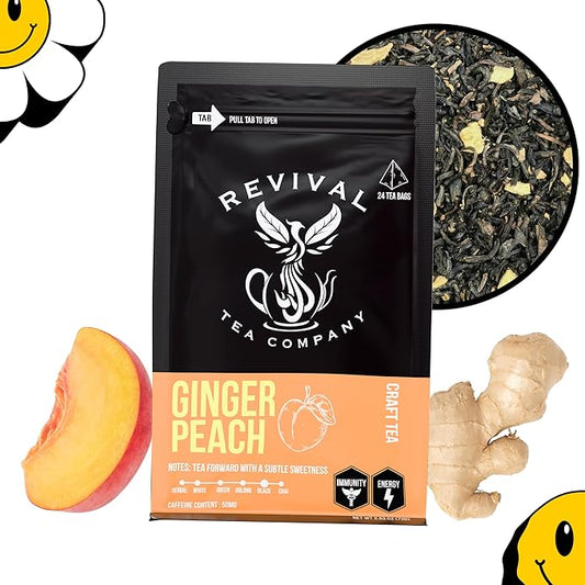 Revival Tea Company Ginger Peach Tea - Black Tea Blend with Ginger Spice and Peach Pieces - 24 Tea Bags