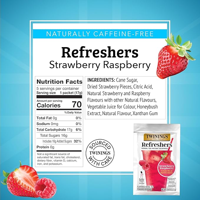 NEW Twinings Strawberry Raspberry Refreshers, Herbal Tea Instant Beverage with Real Strawberry Fruit Bits, 5 Count (Pack of 1), Café Style, No Artificial Sweeteners, Naturally Caffeine-Free, 5 Packets