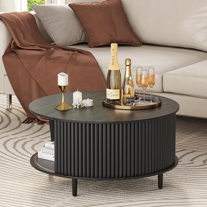 Round Coffee Table with Storage,31.5" Mid Century Modern Coffee Table with Hidden Compartment,Fluted Center Table for Living Room,Home Small Space,Black