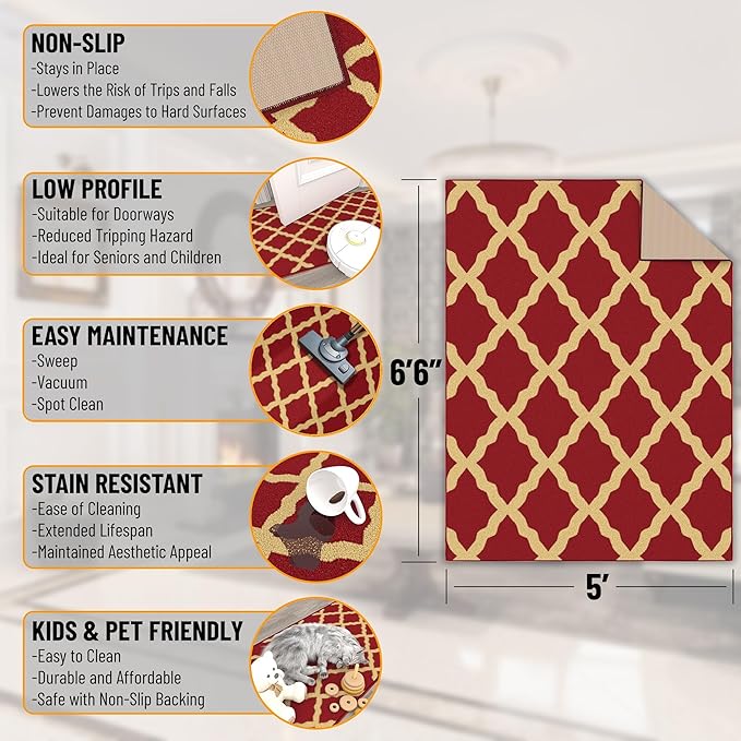 Ottomanson 5' x 6'6" Rugs for Living Room Trellis Area Rug for Bedroom - Non Slip Durable Large Floor Carpet for High Traffic Areas - Indoor Rug for Dining Room Kitchen Kids Playroom, Red