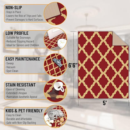 Ottomanson 5' x 6'6" Rugs for Living Room Trellis Area Rug for Bedroom - Non Slip Durable Large Floor Carpet for High Traffic Areas - Indoor Rug for Dining Room Kitchen Kids Playroom, Red
