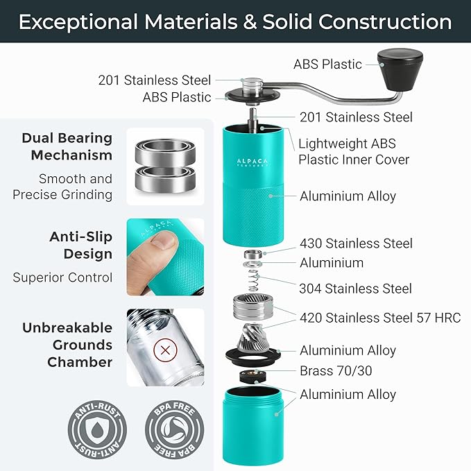 Manual Coffee Grinder by Alpaca Ventures - Stainless Steel Conical Burr Coffee Grinder Manual with Adjustable Setting Double Bearing Hand Espresso Grinder Perfect for Home, Office and Camping