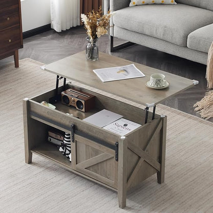 VINGLI Rustic Grey Lift Top Coffee Table, 36" Small Farmhouse Barn Door Coffee Table with Storage, Rectangular Center Coffe Table with Lifting Top, Lift Up Living Room Tables with Hidden Compartment