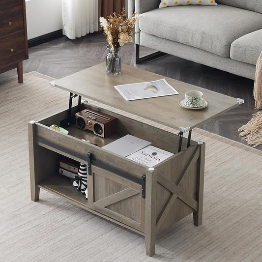 VINGLI Rustic Grey Lift Top Coffee Table, 36" Small Farmhouse Barn Door Coffee Table with Storage, Rectangular Center Coffe Table with Lifting Top, Lift Up Living Room Tables with Hidden Compartment
