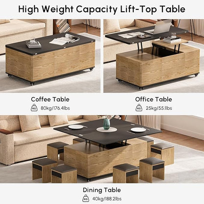 homary Modern 47" Lift-Top Coffee Table, Black & Walnut with 3 Drawers, 2 Open Storage Compartments, Hidden Cabinet, Convertible Dining Office Table for Living Room Small Spaces