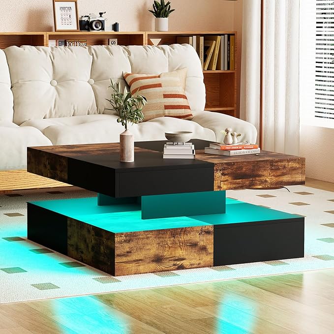 LED Coffee Table for Living Room, Living Room Table 2-Tier Square Middle Center, Modern Coffee Tables with Storage, Contemporary Wood Tea Table for Dining Reception, Rustic Brown