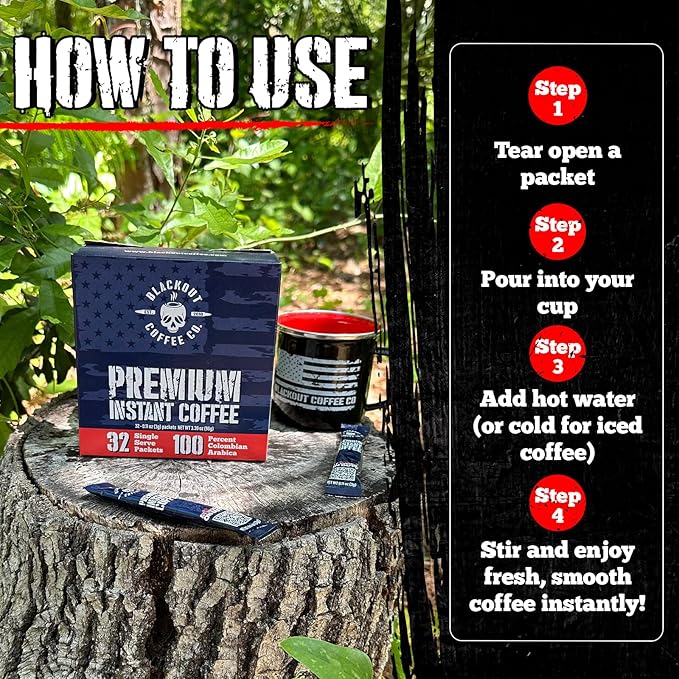 Blackout Coffee Colombian Arabica Instant Coffee – Medium Roast, Strong Aromatic, Single Serve Packets – Premium Quality 32 Count, American Made