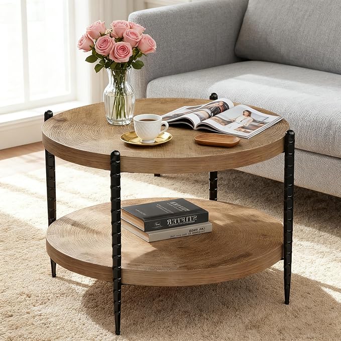Round Coffee Table for Living Room, Small 2-Tier Circle Coffee Tables with Storage Shelf, Rustic Wood Desktop Modern Design Accent Center Table Home Furniture for Apartment, Brown and Black