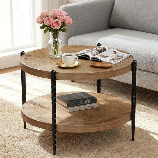 Round Coffee Table for Living Room, Small 2-Tier Circle Coffee Tables with Storage Shelf, Rustic Wood Desktop Modern Design Accent Center Table Home Furniture for Apartment, Brown and Black