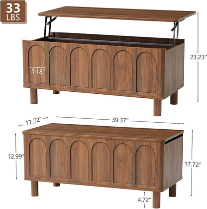 Lift Top Coffee Table with Arched Finish, Modern Coffee Table with Lifting Tabletop & Hidden Storage, Wood Center Table for Living Room,Convenient for Dining, Gaming or Working (Walnut)