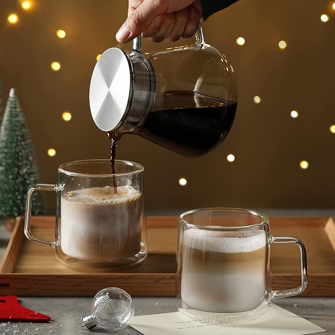 CNGLASS 10oz Glass Coffee Mugs,Double Wall Insulated Glass Mugs with Handle,Clear Espresso Mug for Latte,Cappuccino,Tea Bag,Set of 4