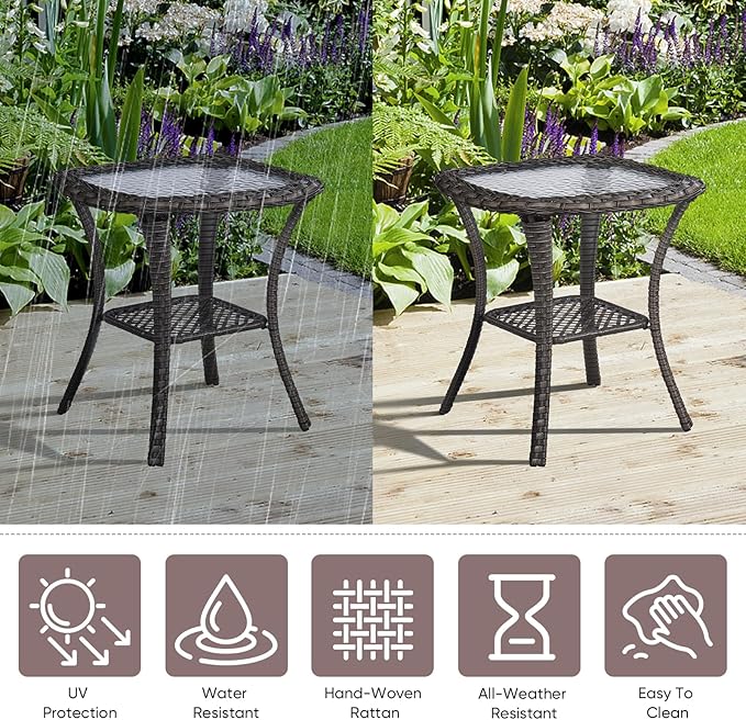 Patio Wicker Side Table, Outdoor PE Rattan End Table with 5mm Tempered Glass Top and 2-Tier Storage Shelf, 20" Square Coffee Table for Deck Porch Garden Backyard-Dark Brown