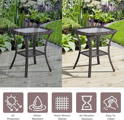 Patio Wicker Side Table, Outdoor PE Rattan End Table with 5mm Tempered Glass Top and 2-Tier Storage Shelf, 20" Square Coffee Table for Deck Porch Garden Backyard-Dark Brown