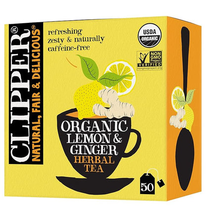Clipper Tea Lemon & Ginger Teabags – Caffeine Free, USDA Organic, Great Hot or Iced – Aromatic, Natural, Fair & Delicious – 50 Tea Bags