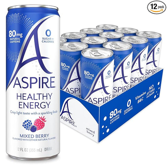 ASPIRE® Mixed Berry, Healthy Energy Drink 80mg Natural Caffeine, Zero Sugar No Carbs Keto Friendly, 12 Pack Green Tea Sugar Free Drink Low Caffeine Zero Calorie
