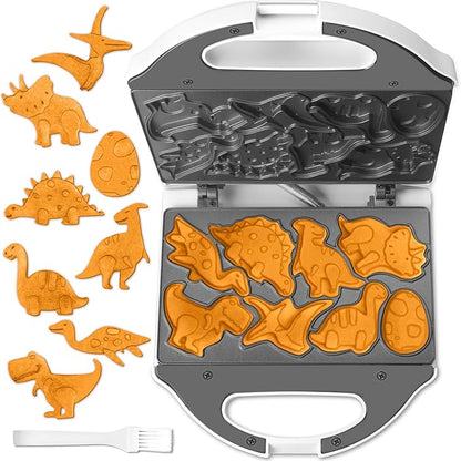 Dinosaur Mini Waffle Maker for Kids, Mini Pancake Maker Machine for Halloween, 8 Different Shaped Dinos in Minutes, Electric Non-Stick Waffle Iron, White