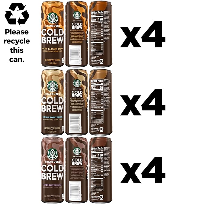 Starbucks Cold Brew Coffee, 3 Flavor Variety Pack, 11 fl oz Cans (12 Pack), Premium Coffee Drink, Iced Coffee