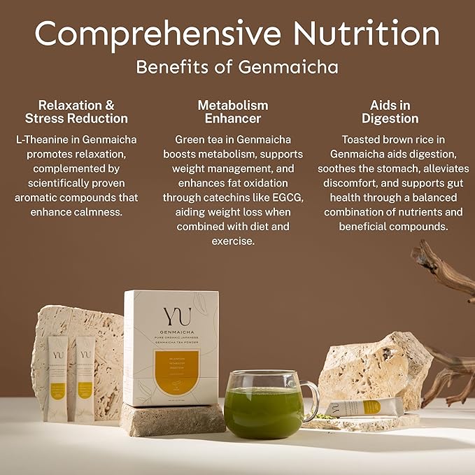 Yu Tea Organic Genmaicha Green Tea Powder, 75 Servings | Japanese Green Tea & Roasted Brown Rice | Low Caffeine & Unsweetened | Relaxation, Antioxidants & Digestion | Resealable Pouch, 2.65 oz