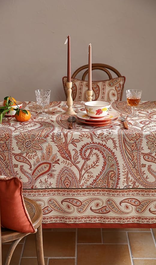 Designer French Red Long Rectangle Tablecloth,Linen Table Cloth with Cashew Pattern,Stain Proof Decor Tablecloths for Dining Thanksgiving Kitchen Christmas,63"*102"-Chauffrey D