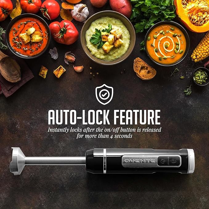 OVENTE Cordless Immersion Hand Blender, Rechargeable Handheld Portable Stick Mixer with 8 Mixing Speed Option, One-Touch Control and Stainless Steel Blades for Smoothies, Shakes or Soups, Black HR781B