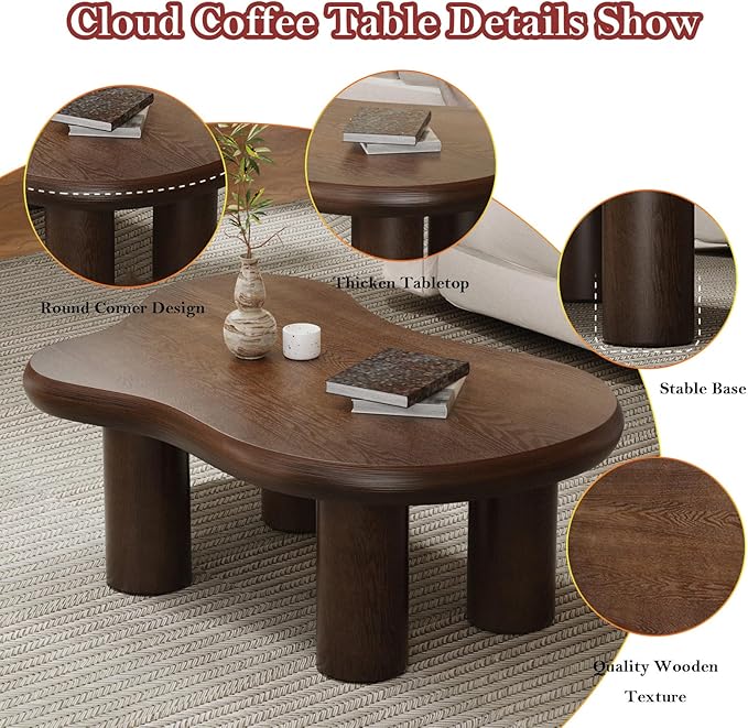 Asymmetric Cloud-Shape Coffee Table with Sturdy & Stable Cylindrical Support Legs, Stylish Irregular Home Decor Center Table (B-46in)