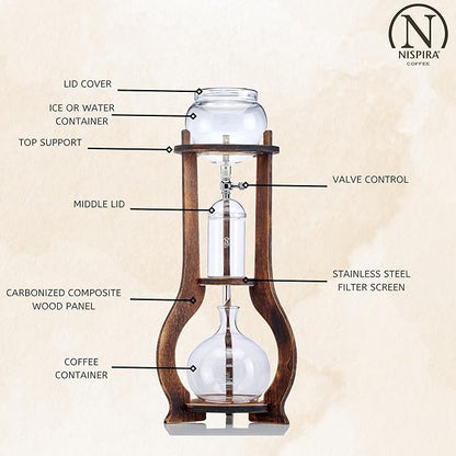 Nispira Iced Coffee Cold Brew Drip Tower Coffee Maker Wooden, 6-8 cup