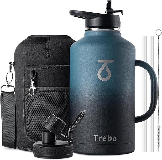 Trebo 64 oz Water Bottle Insulated with Handle, Half Gallon Stainless Steel Metal Large Jug, Travel Flask with Straw Spout Lid, Mug Tumbler Cup with Carry Pouch, Keep Cold Hot, Indigo Black