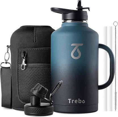 Trebo 64 oz Water Bottle Insulated with Handle, Half Gallon Stainless Steel Metal Large Jug, Travel Flask with Straw Spout Lid, Mug Tumbler Cup with Carry Pouch, Keep Cold Hot, Indigo Black