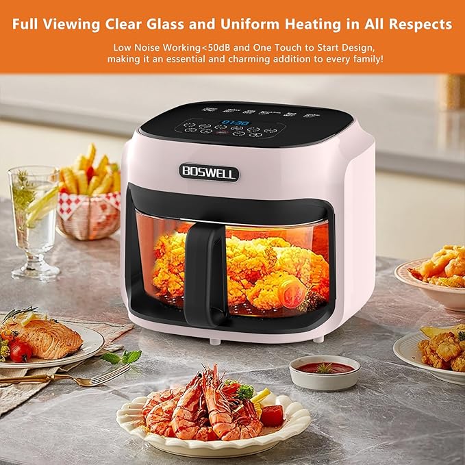 BOSWELL Glass Air Fryer, 7.5 QT with Transparent Fry Bowl, Circulating Heating, Temperature Control, Stainless Steel Air Fryer Roast, Dishwasher Safe (white)