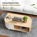 Load image into Gallery viewer, Boho 39.4" Coffee Table with Storage - Leaf-Shaped Wood Center Table, Retro Fluted Central Table with Sliding Door &amp; Large Hidden Compartment, for Living Room Home Office, Oak