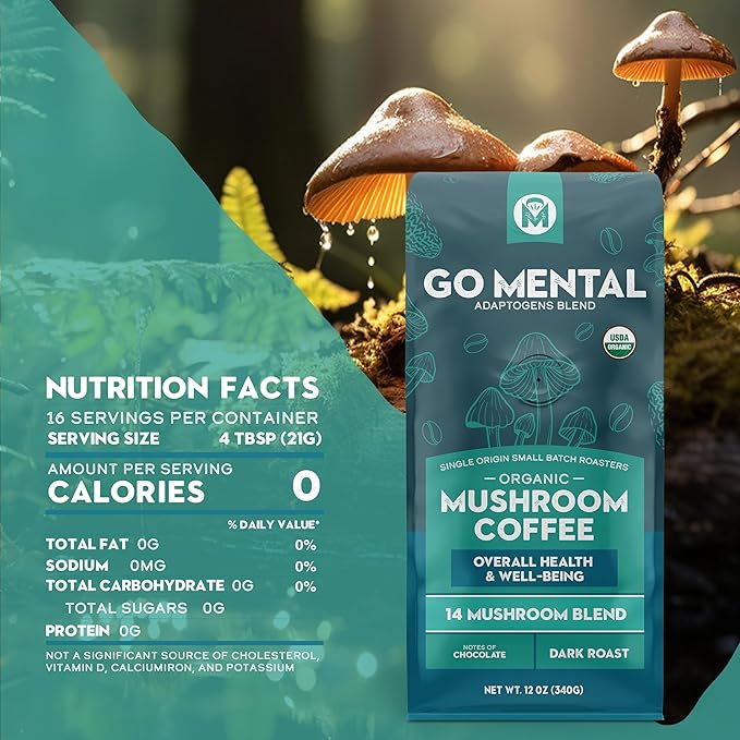 Organic 14 Mushroom Coffee Blend Dark Roast, Organic Lion's Mane, Chaga, Red Reishi and more, Chocolate Notes, Enhances Overall Health, Immune Support And Wellbeing, Ground 12 oz Bag