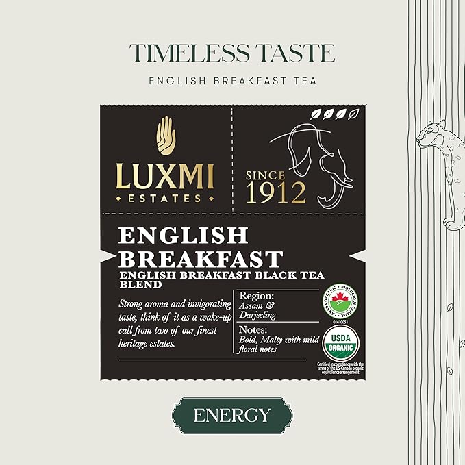Luxmi Estates Tale of Two Estates Organic English Breakfast Tea (25 Tea Bags) Caffeinated Tea Bags For A Morning Boost and Natural Energy, With Certified Organic Darjeeling & Assam Black Tea