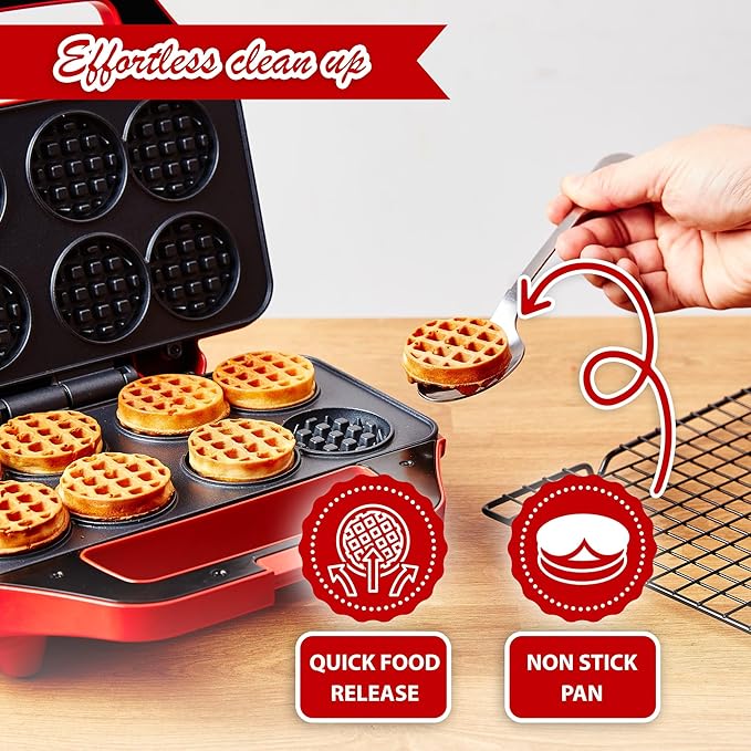 Mini Waffle Maker for Kids, Small Non-Stick Waffle Iron, Makes 8 x 2" Thin Waffles, Easy to Use, Waflera Electrica, Recipes Included