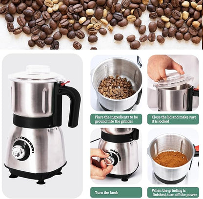 Electric Grinder for Kitchen - 500W Grain Mill with 3 Stainless Steel Blades, Versatile Spice Grinder for Coffee, Grinding Spices, Bean, Grains, Nuts (Black)