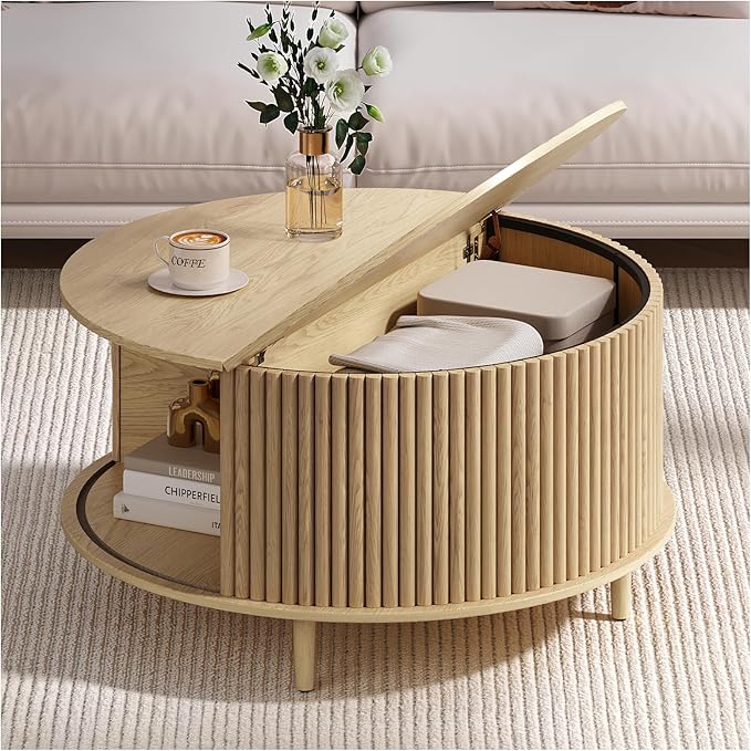 Round Coffee Table with Storage,31.5" Mid Century Modern Coffee Table with Hidden Compartment,Fluted Center Table for Living Room,Home Small Space,Oak