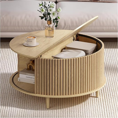 Round Coffee Table with Storage,31.5" Mid Century Modern Coffee Table with Hidden Compartment,Fluted Center Table for Living Room,Home Small Space,Oak