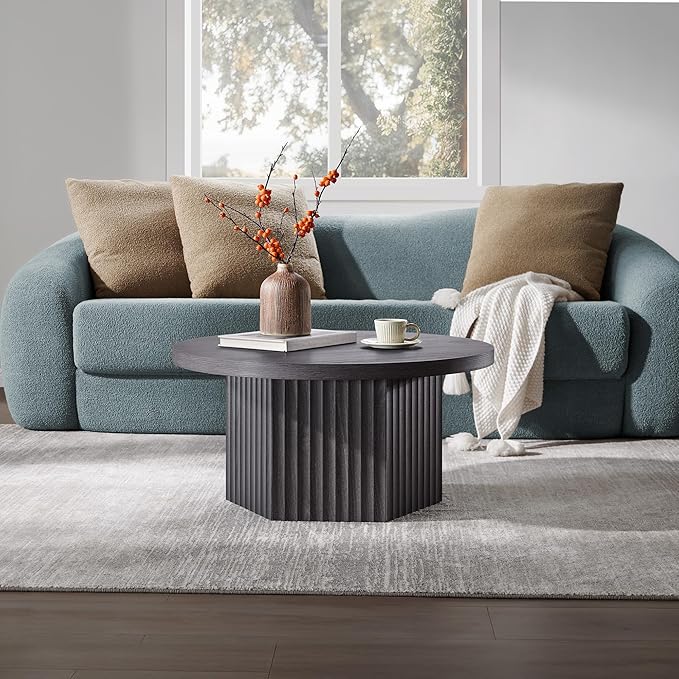 SICOTAS Round Coffee Table for Living Room, Mid Century Modern Fluted Center Coffee Table with Storage, 32" Circle Accent Tea Dining Table for Apartment, Dark Grey Alder