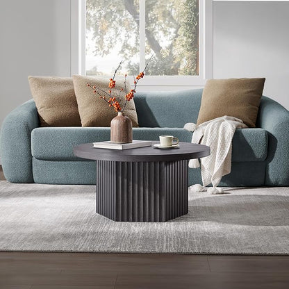 SICOTAS Round Coffee Table for Living Room, Mid Century Modern Fluted Center Coffee Table with Storage, 32" Circle Accent Tea Dining Table for Apartment, Dark Grey Alder