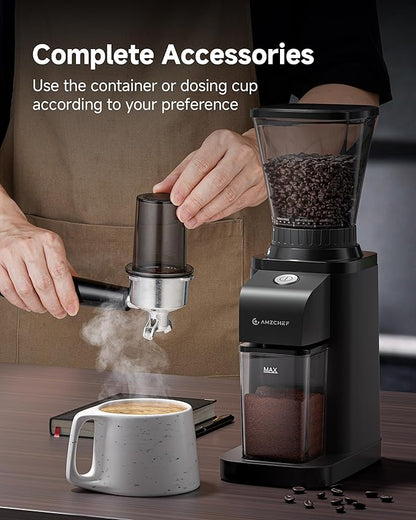 Anti-Static Espresso Grinder with Self-Cleaning Burr, 48 Precise Settings, Coffee Grinder for Home Use, Coffee Bean Grinder with Storage Box & Dosing Cup, Less Mess, More Flavor,Black