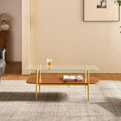 AGV LIGHTING Tadio Glass Coffee Table, Mid-Century Modern Coffee Table for Living Room, Gold Finish Leg, Clear Glass Top & Walnut Brown Shelf, Rounded Corners