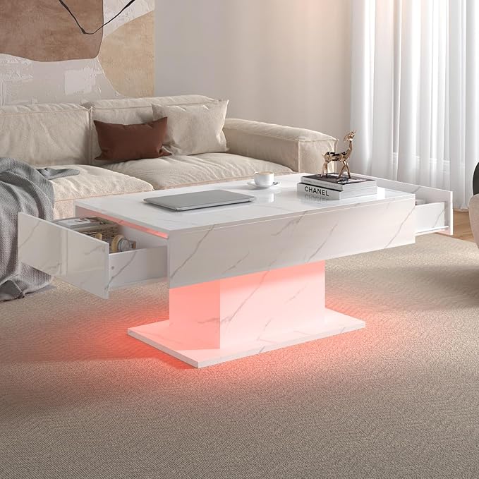 White Marble Led Coffee Table with 2 Storage Drawers for Living Room, Living Room Table Rectangular Center Table, Modern High Glossy Wooden Coffee Tables with Lights for Dining Reception Room